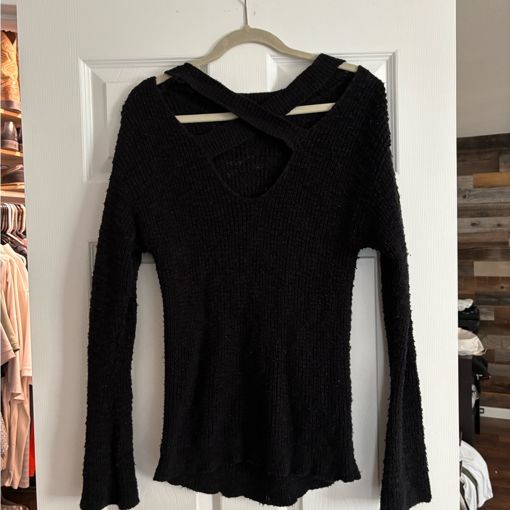 Black Knit Sweater with Crossed Neckline